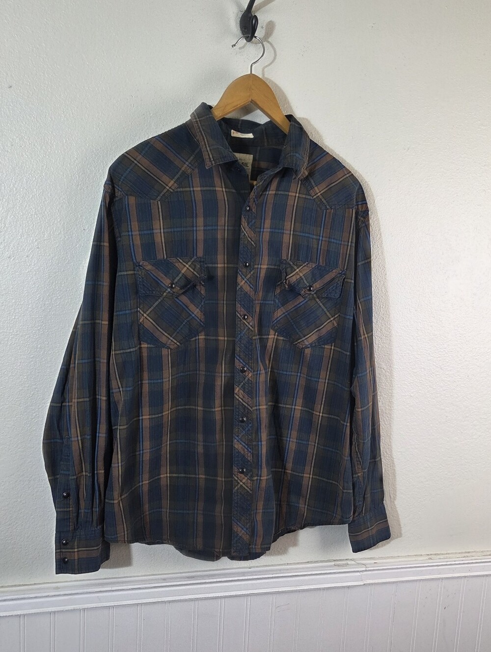 Fossil Vintage Fit Mens Xl Pearl Snap Shirt Blue Brown Plaid Western Cotton View 2
